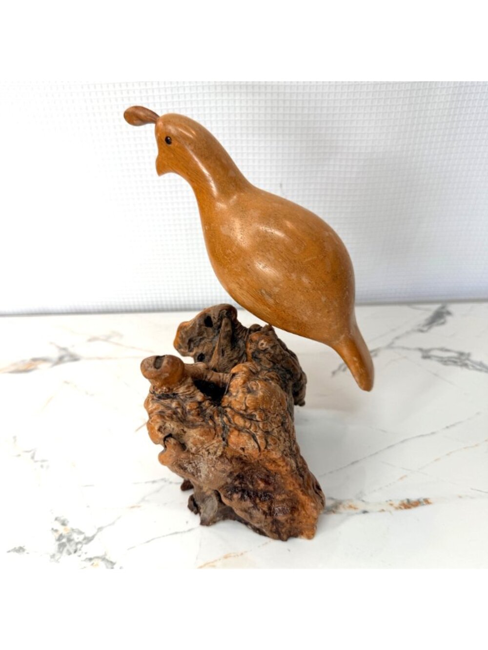 Hand-Carved Wooden Quail Figurine On Natural Burl Wood Base - Rustic Home Décor - Picture 6 of 11